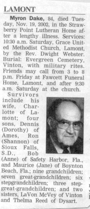 Myron Dake Obituary